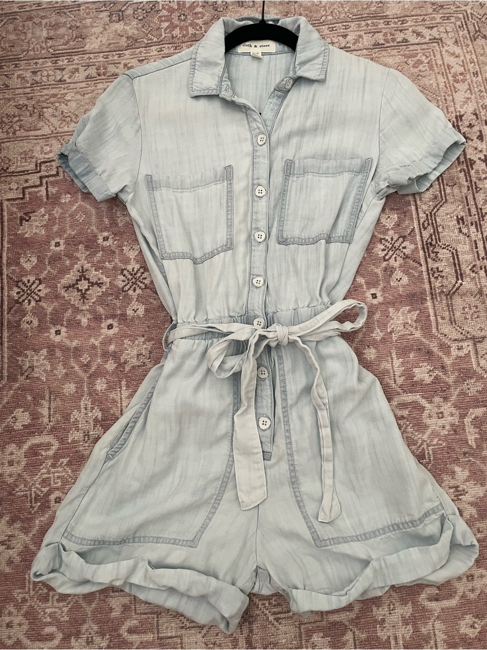 Cloth & Stone Light Blue Button-Front Romper with Tie Waist